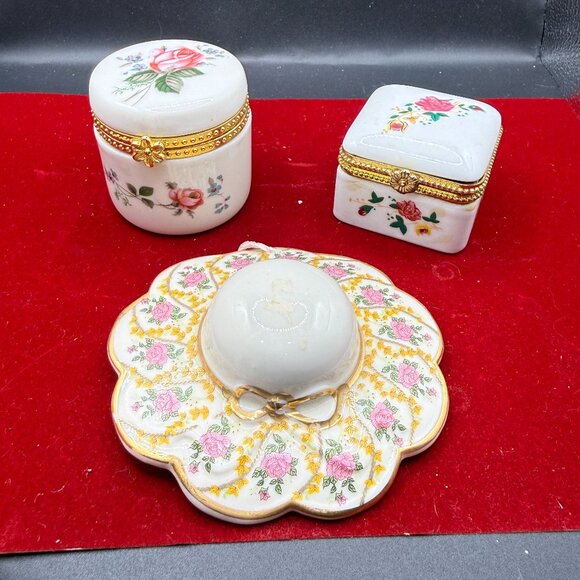 Jewelry - 2 trinket boxes and one porcelain hat decor